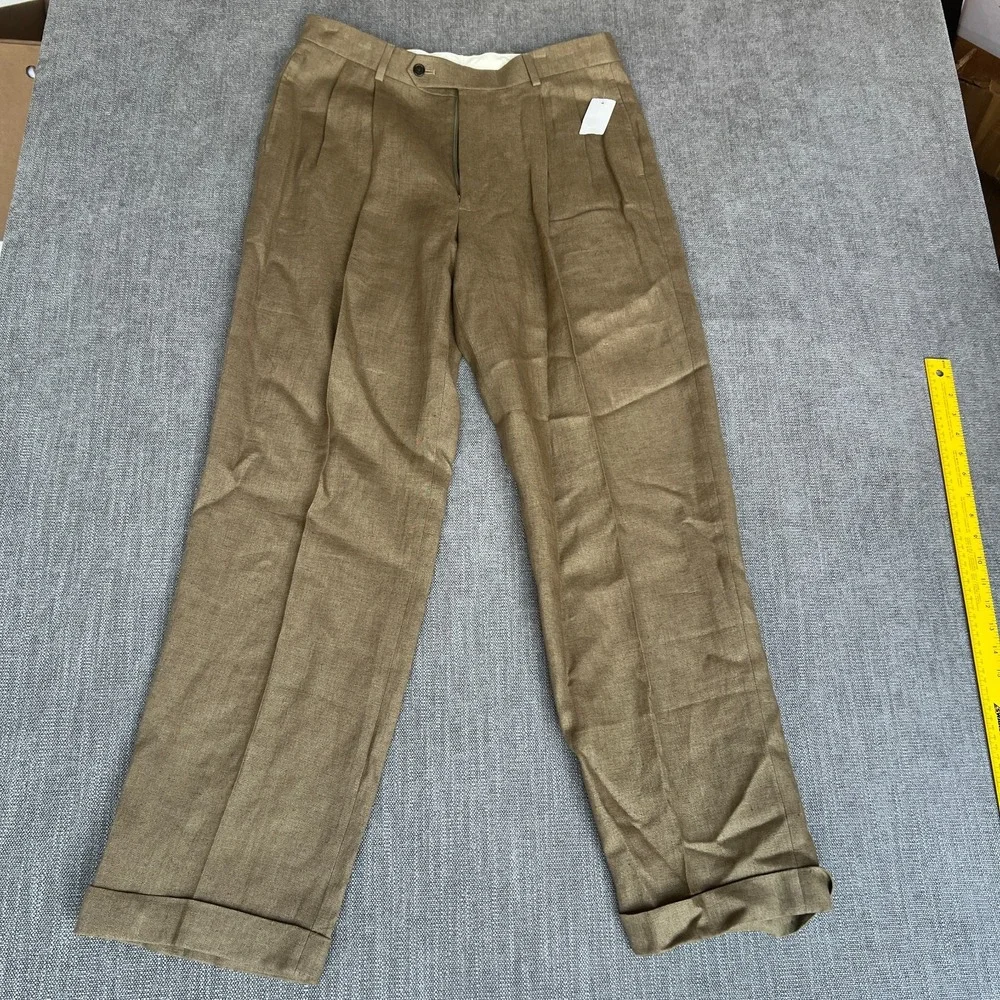 Brooks Brothers Dress Pants Mens 33x32 Brown Irish Linen Pleated Business Formal